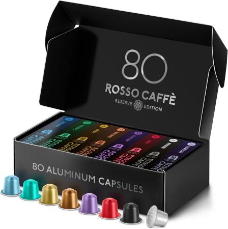 ROSSO CAFFE Espresso Coffee Pods for Nespresso Machines - Reserve Edition - Premium Variety Pack - 80 Aluminium Capsules