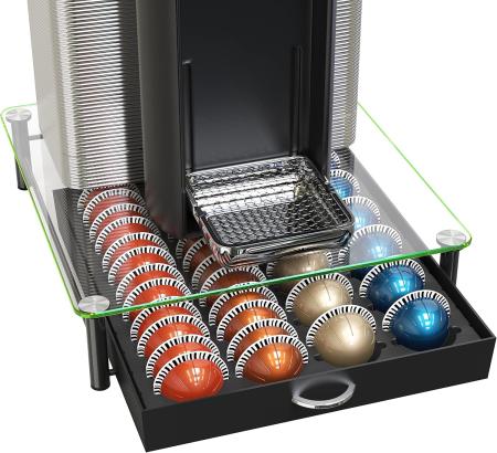 DecoBrothers Crystal Tempered Glass Vertuo Pod Holder Drawer, 24 Large or 48 Small Nespresso Capsule Organizer, Black
