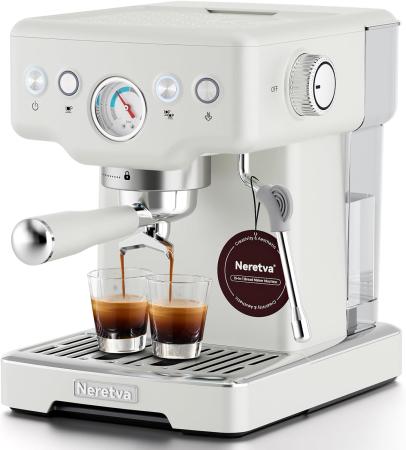 Neretva Espresso Machines 15 Bar, Barista Espresso Maker with Milk Frother Steam Wand, 1450W Stainless Steel Expresso Coffee Machine for Latte Cappuccino Espresso Machine Gift for Coffee Lovers -White