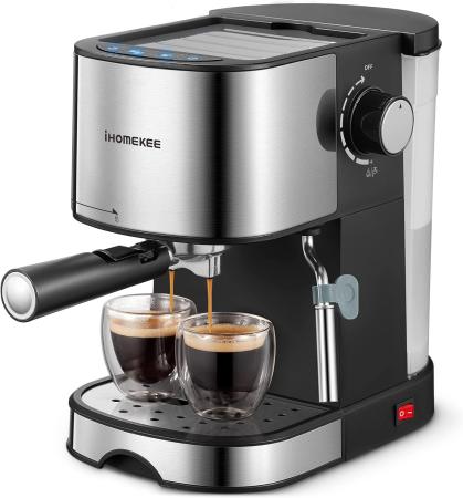 Espresso Machine, Ihomekee Espresso and Cappuccino Coffee Maker with Milk Frother/Steam Wand for Latte, Mocha, Cappuccino, 15 Bar Pump Pressure Semi-Automatic Coffee Machine, Silver+Black