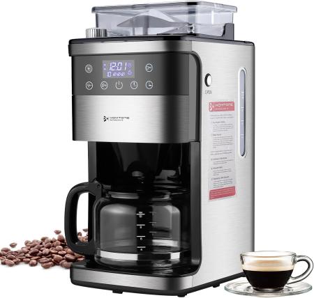 Homtone 10-Cup Coffee Maker with Burr Grinder, Programmable Grind & Brew, Automatic Drip Coffee Machine